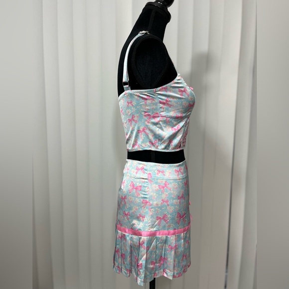SUGAR THRILLZ No Misbehaving Bow Print Satin Mini Skirt Set Pastel Blue Pink S - Picture 2 of 15